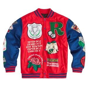 Reason Varsity Jacket Men’s Large Red Blue Block Captain Poly Wool Patches